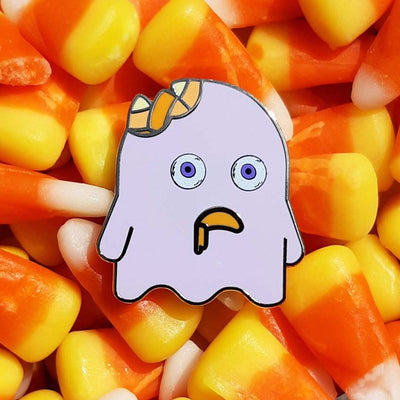 candy coma ghost purple enamel pin with candy corn brains